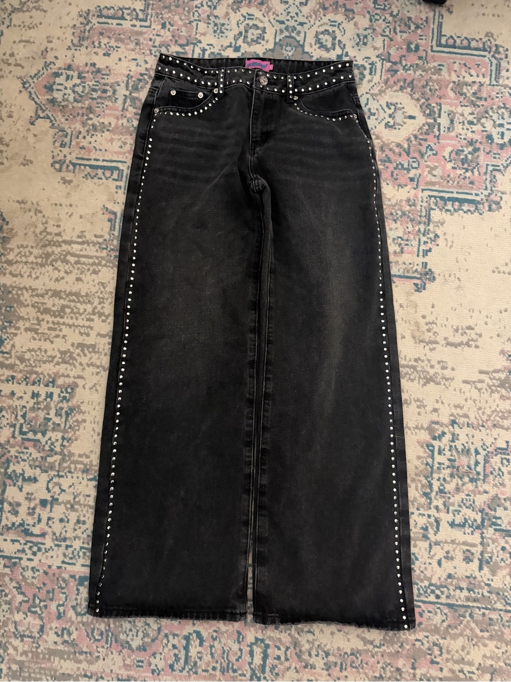 Edikted Studded Black Low Rise Wide Leg Denim Jeans